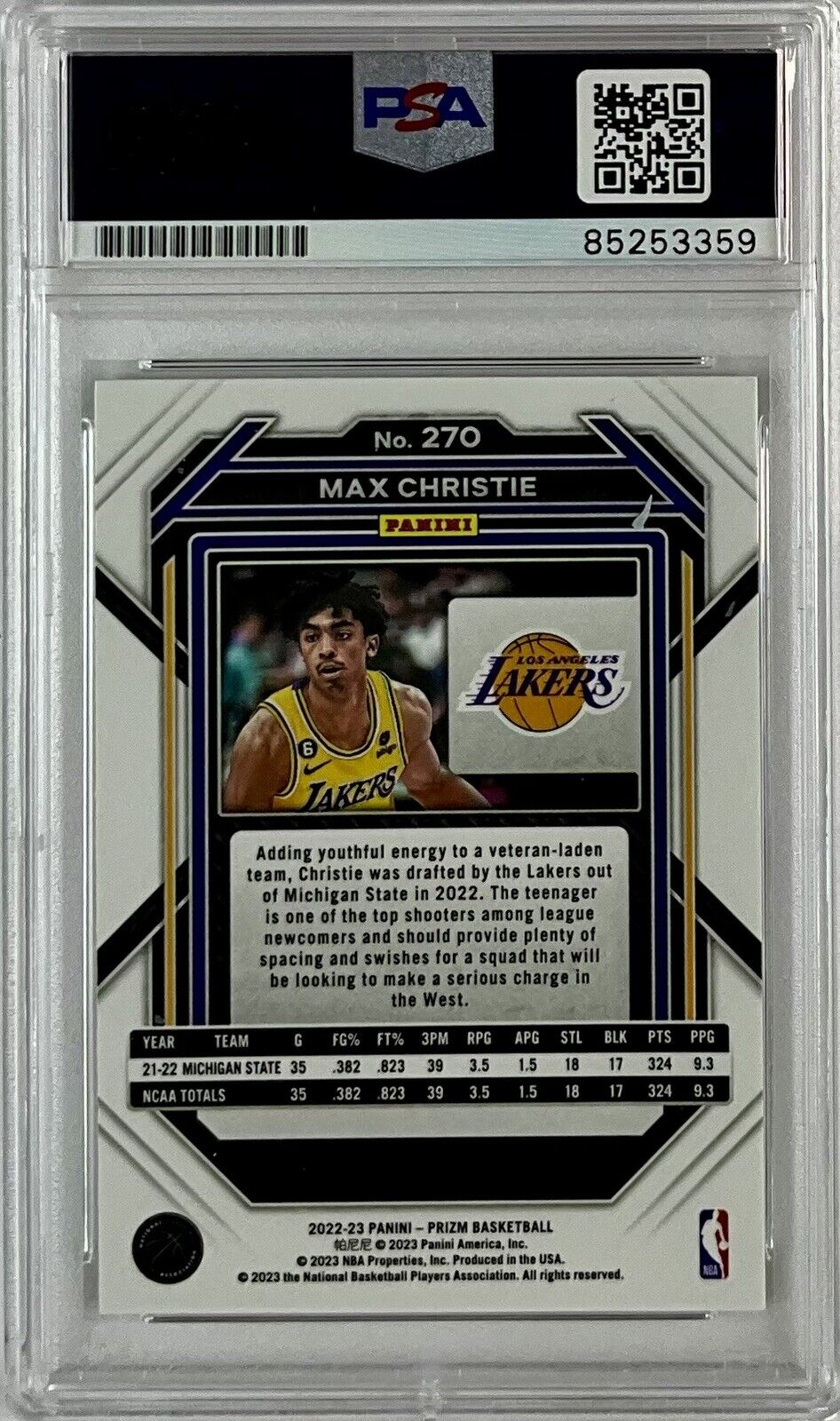 MAX CHRISTIE SIGNED LAKERS PANINI PRIZM #270 ROOKIE RC PSA SLABBED ITP 85253359