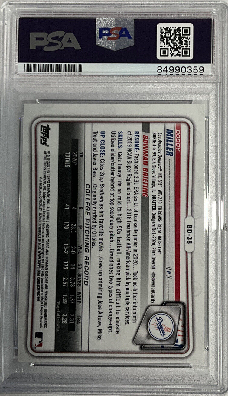 BOBBY MILLER DODGERS SIGNED 1ST BOWMAN CHROME PSA SLAB ROOKIEGRAPH ITP 84990359