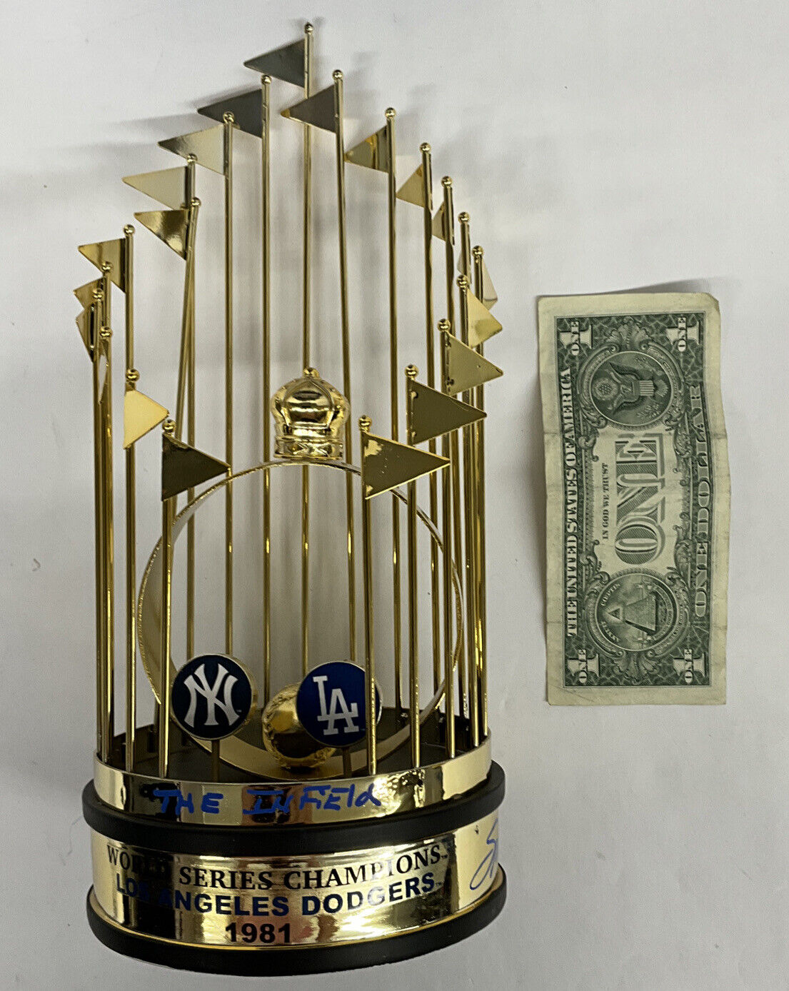 CEY GARVEY LOPES RUSSE SIGNED DODGERS 12" 1981 TROPHY " THE INFIELD" PSA 9A25153