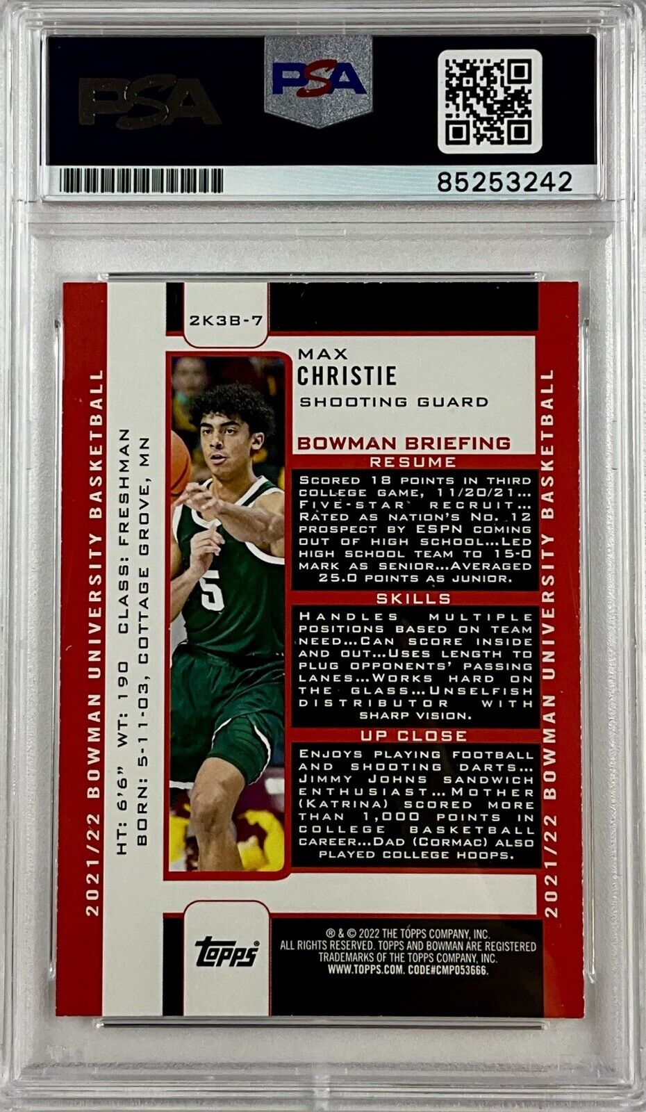 MAX CHRISTIE SIGNED MICHIGAN STATE 2021/22 BOWMAN UNIVERSITY 2K3B-7 PSA 85253242