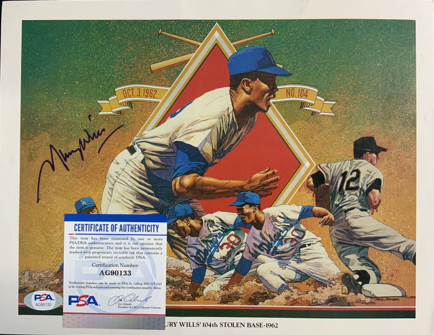 DODGERS MAURY WILLS 104TH STOLEN BASE-1962 SIGNED UNOCAL PICTURE PSA AG90133