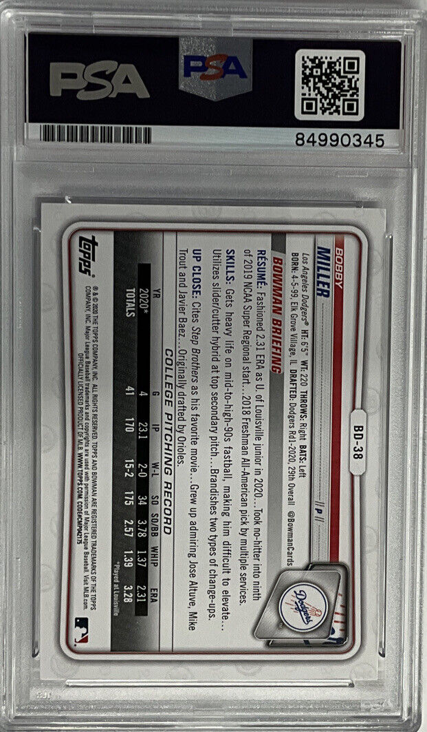 BOBBY MILLER DODGERS SIGNED 1ST BOWMAN "MLB DEBUT 5-23-23" PSA SLAB ITP 84990345