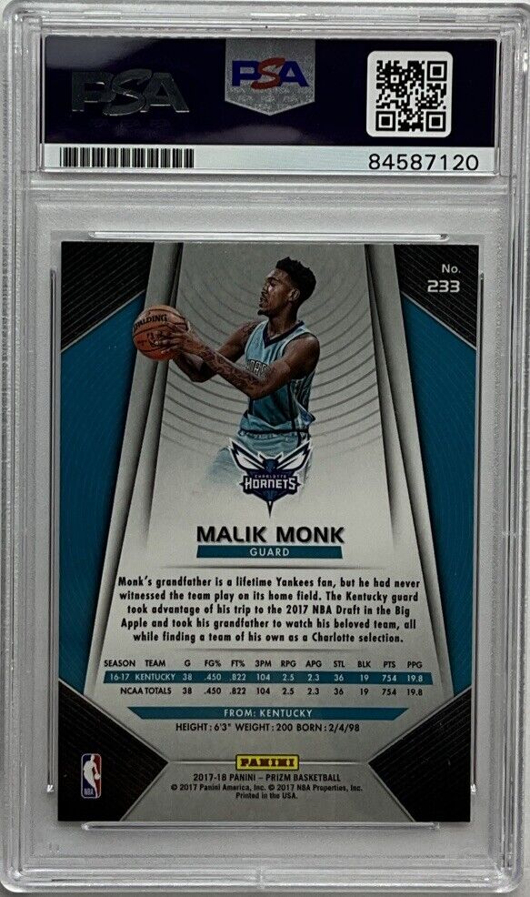 MALIK MONK SIGNED HORNETS PANINI PRIZM 233 RC PSA SLABBED 84587120 GM MT 10 AUT0