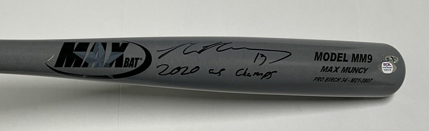 MAX MUNCY DODGERS SIGNED MAXBAT GAME MODEL BAT "2020 WS CHAMPS" INSC PSA 1C01773