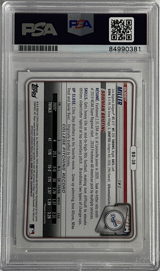 BOBBY MILLER DODGERS SIGNED 1ST BOWMAN "MLB DEBUT 5-23-23" PSA SLAB ITP 84990381