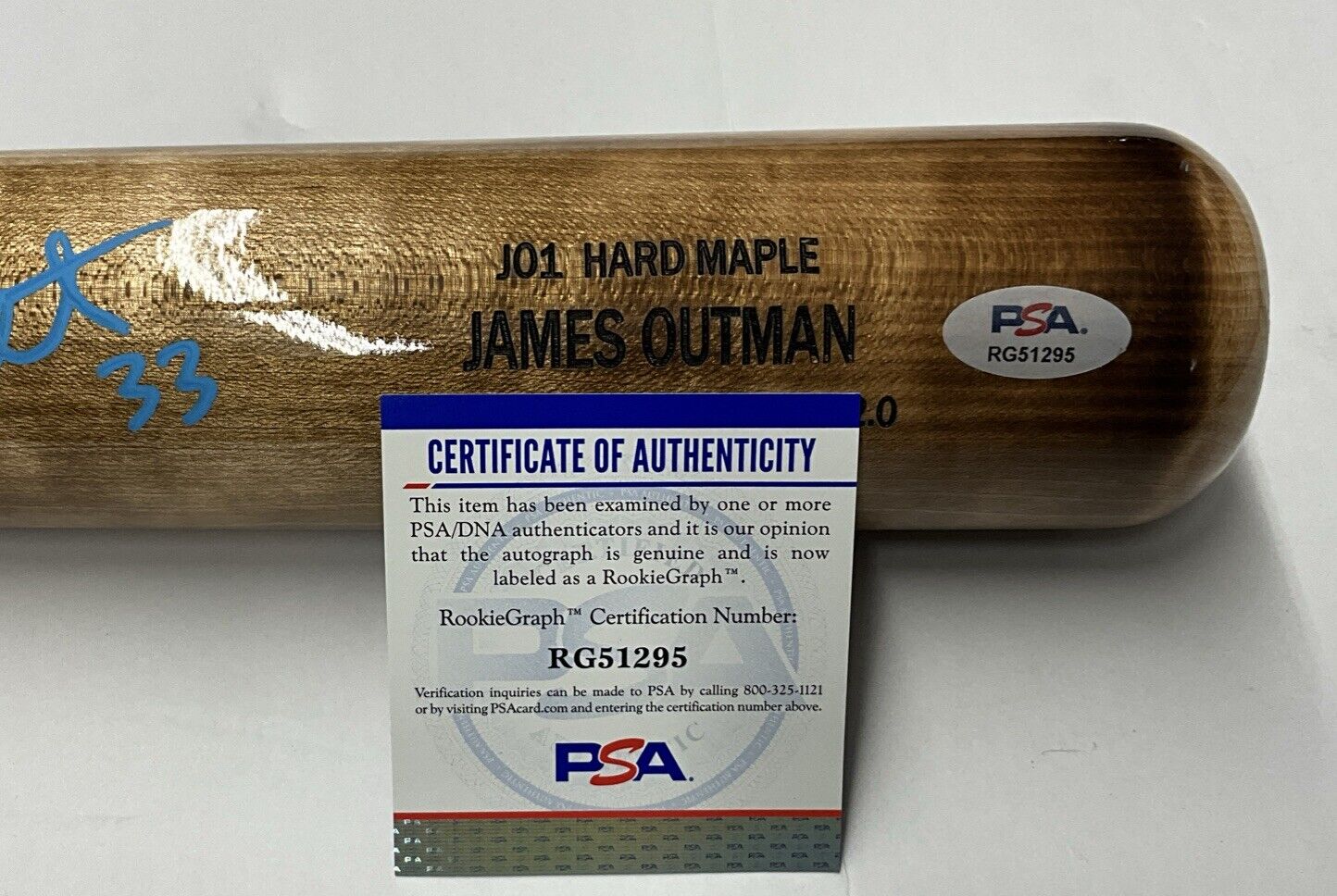JAMES OUTMAN DODGERS SIGNED MARK LUMBER GAME MODEL J01 MAPLE BAT PSA RG51295