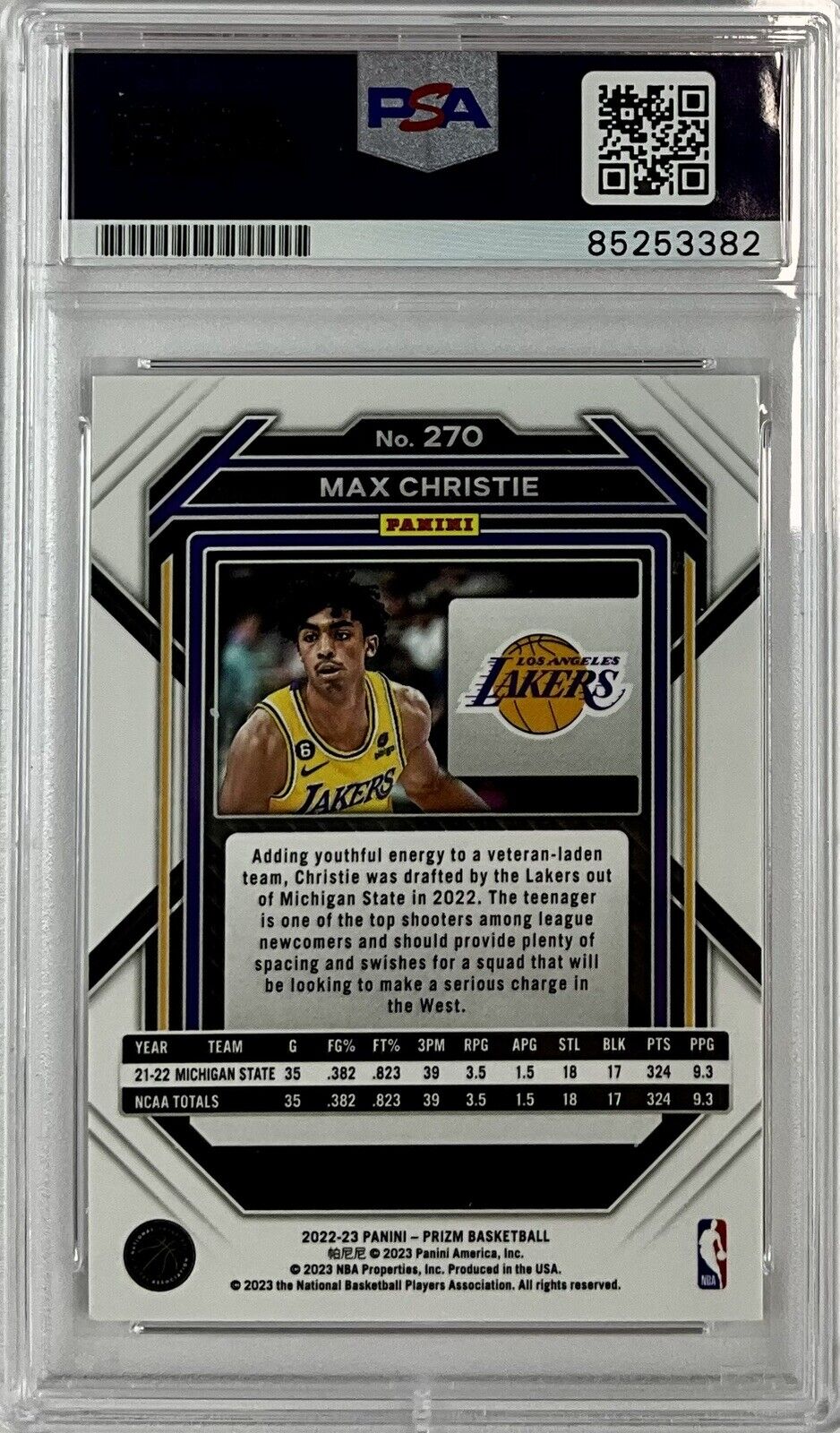 MAX CHRISTIE SIGNED LAKERS PANINI PRIZM #270 ROOKIE RC PSA SLABBED ITP 85253382