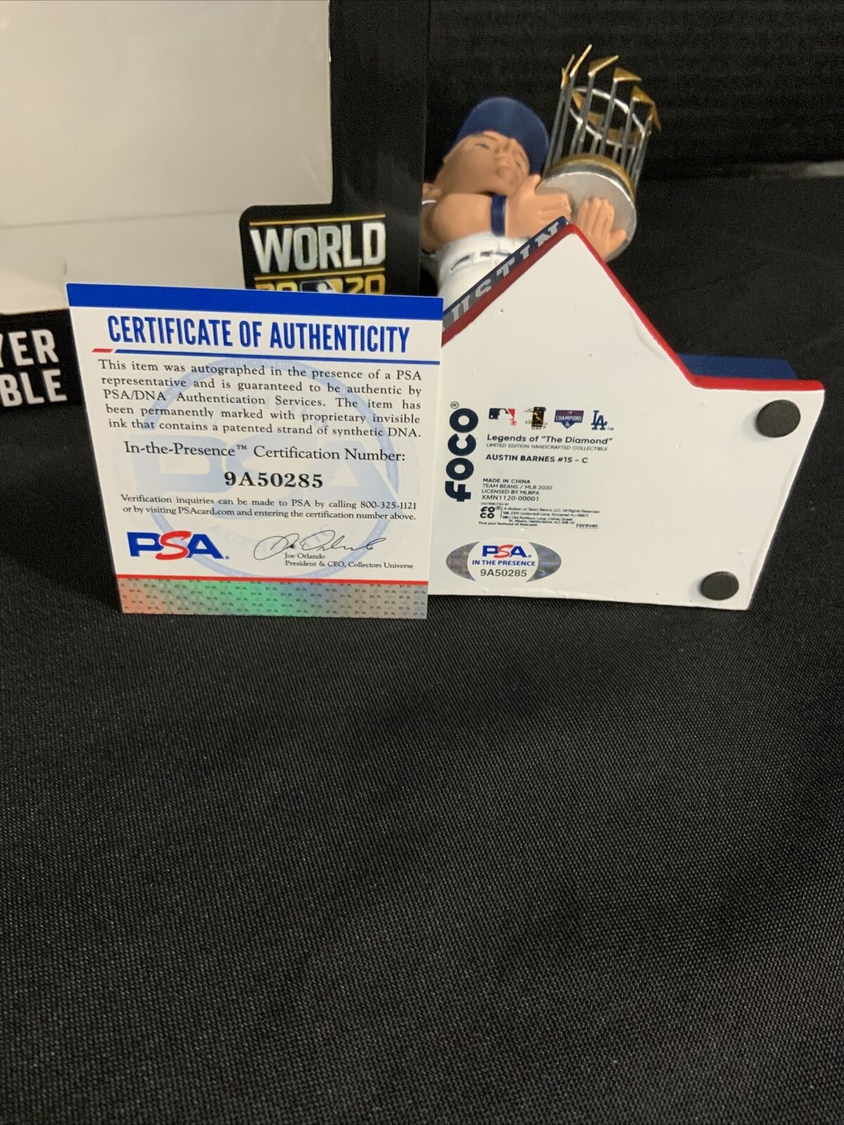 2020 WS CHAMPION AUSTIN BARNES DODGERS SIGNED FOCO CHAMPIONSHIP BOBBLEHEAD PSA