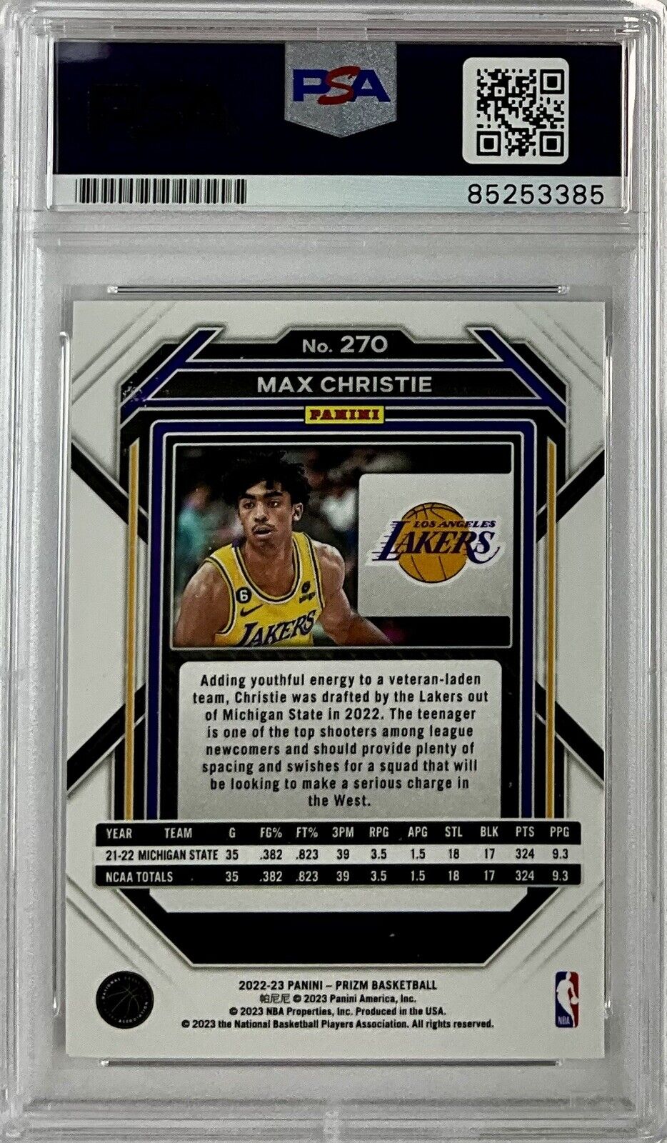 MAX CHRISTIE SIGNED LAKERS PANINI PRIZM #270 ROOKIE RC PSA SLABBED ITP 85253385