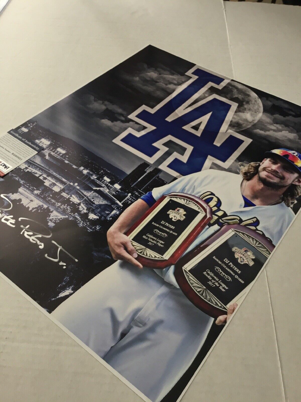 DJ PETERS DODGERS PROSPECT QUAKES RARE FULL NAME 16X20 ROY & MVP PHOTO PSA DNA