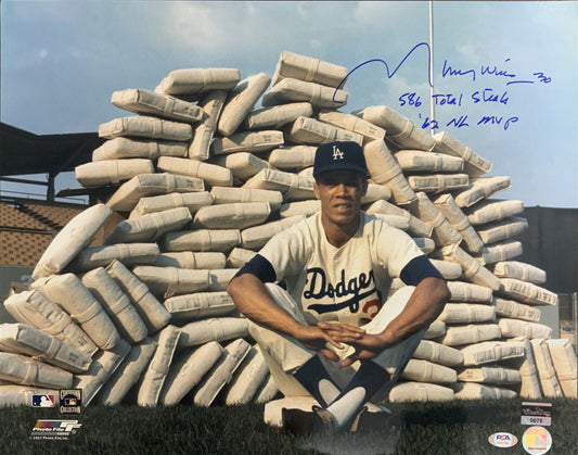 DODGERS MAURY WILLS SIGNED 16X20 PHOTO "586 TOTAL STEALS & MVP NL 62" PSA COA