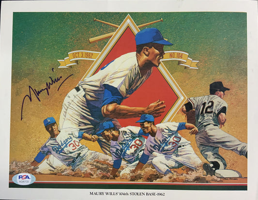 DODGERS MAURY WILLS 104TH STOLEN BASE-1962 SIGNED UNOCAL PICTURE PSA AG90133