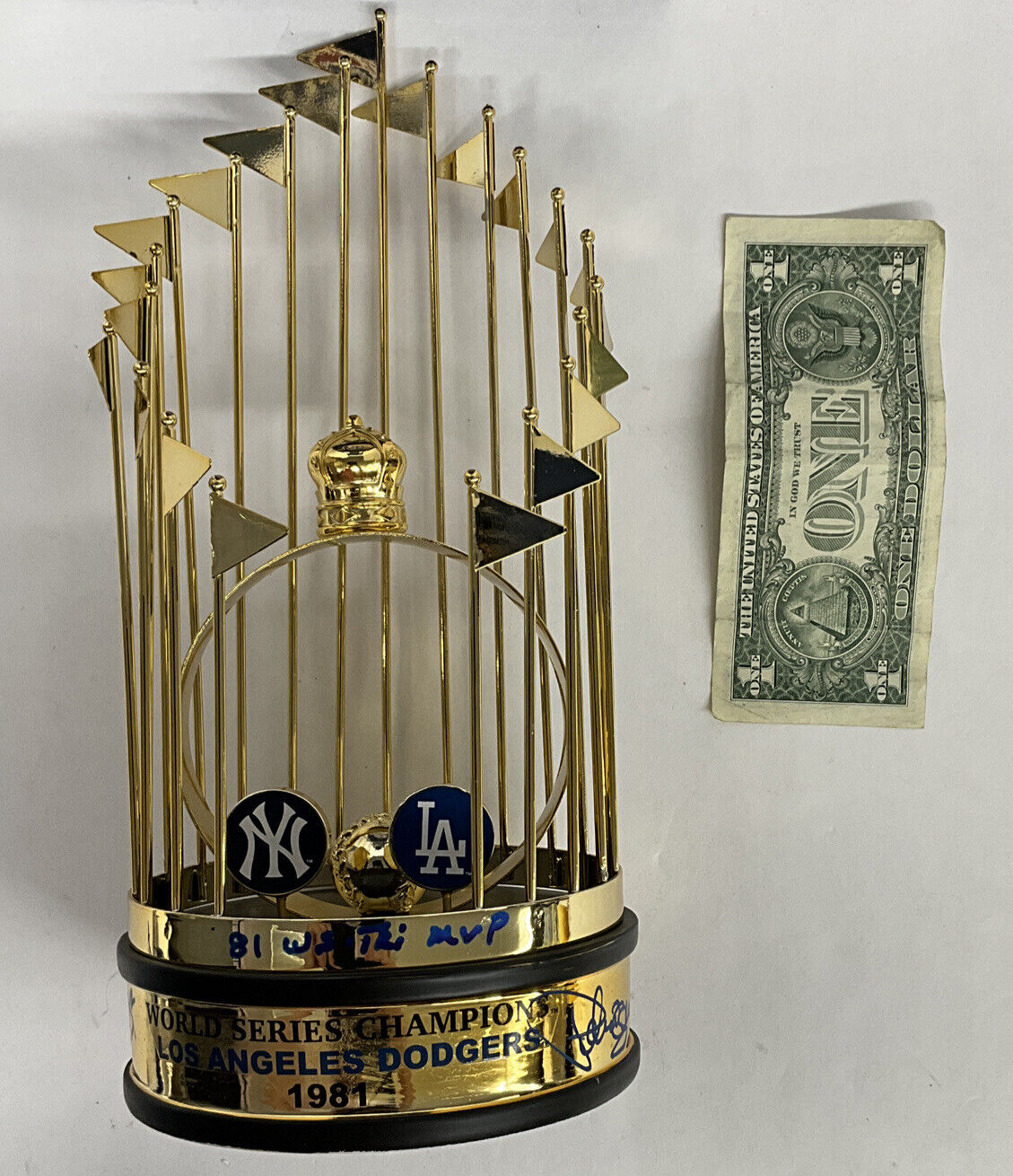 CEY, GUERRERO YEAGER SIGNED DODGERS 12" 1981 TROPHY " 81 WS TRI-MVP" PSA 9A55580
