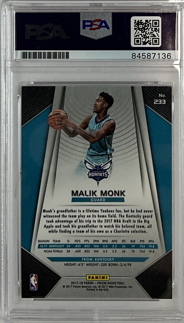MALIK MONK SIGNED HORNETS PANINI PRIZM #233 RC PSA SLABBED ITP 84587136