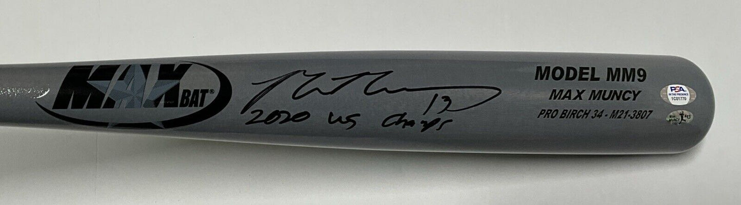MAX MUNCY DODGERS SIGNED MAXBAT GAME MODEL BAT "2020 WS CHAMPS" INSC PSA 1C01770