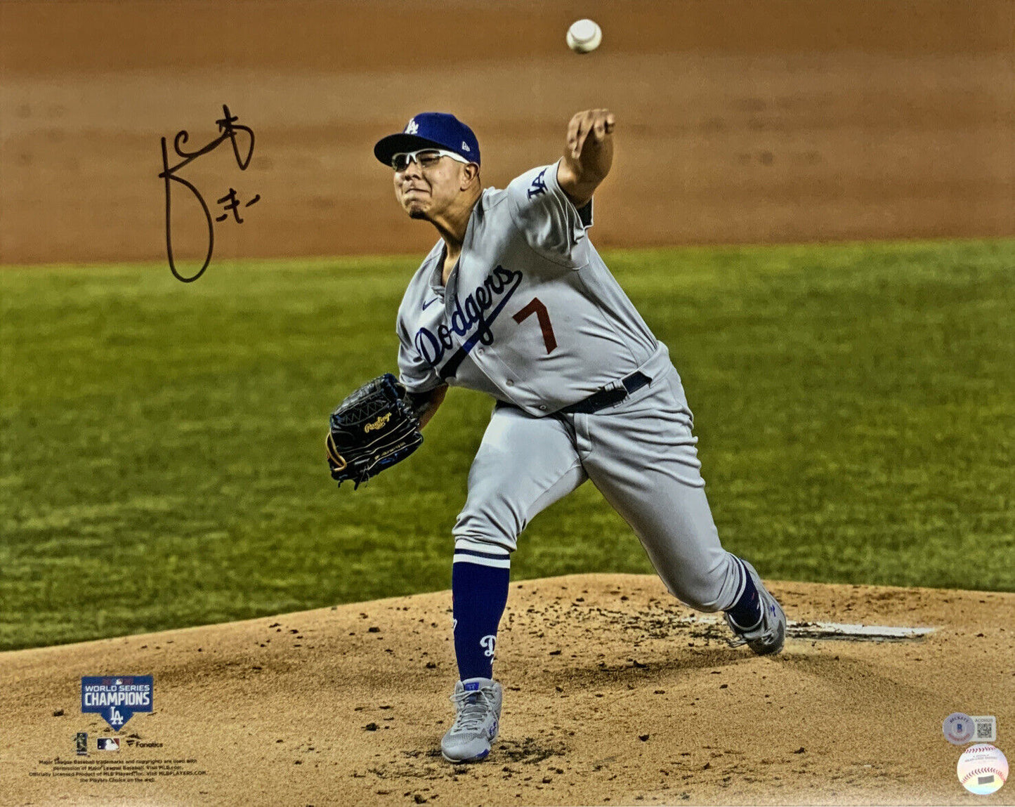 JULIO URIAS DODGERS SIGNED 2020 WORLD SERIES 16X20 PITCHING PHOTO BAS
