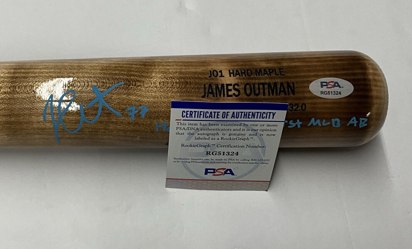 JAMES OUTMAN DODGERS SIGNED MARK LUMBER BAT "HOMERUN ON FIRST MLB AB PSA RG51324