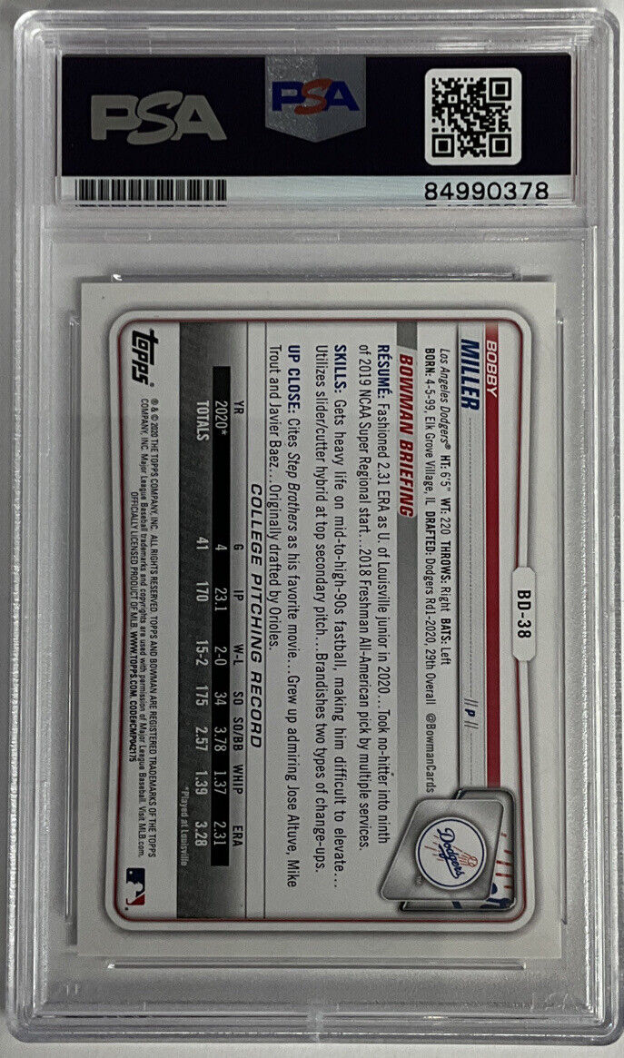 BOBBY MILLER DODGERS SIGNED 1ST BOWMAN PSA SLAB ROOKIEGRAPH ITP 84990378
