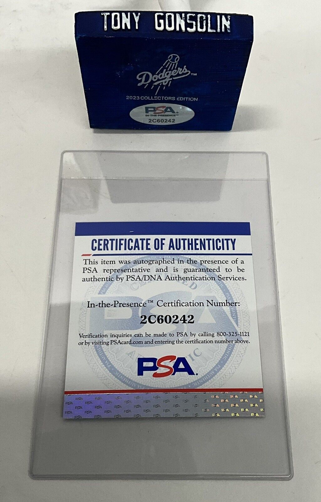 TONY GONSOLIN SIGNED DODGERS SGA BOBBLEHEAD "2020 WS CHAMPS" INSCRIP PSA 2C60242