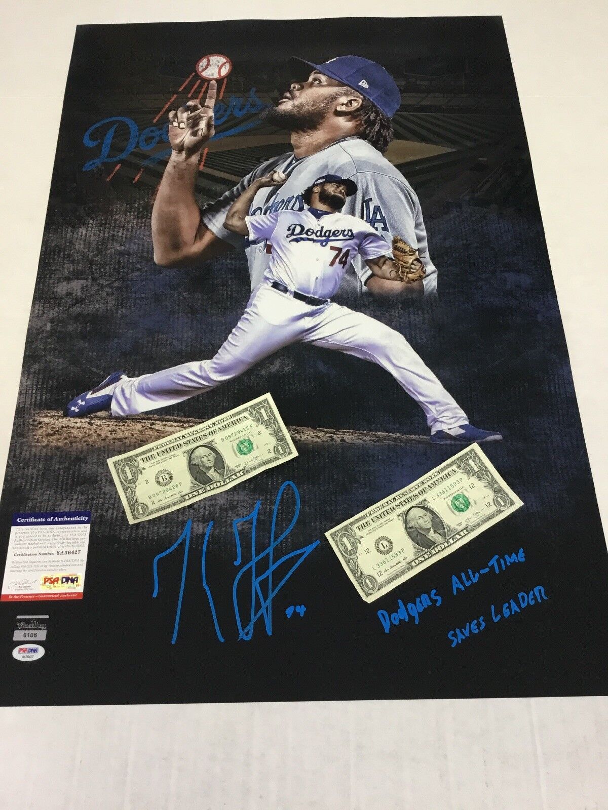 KENLEY JANSEN DODGERS ALL TIME SAVES LEADER SIGNED 20X30 PHOTO EDIT LMTD PSA 427