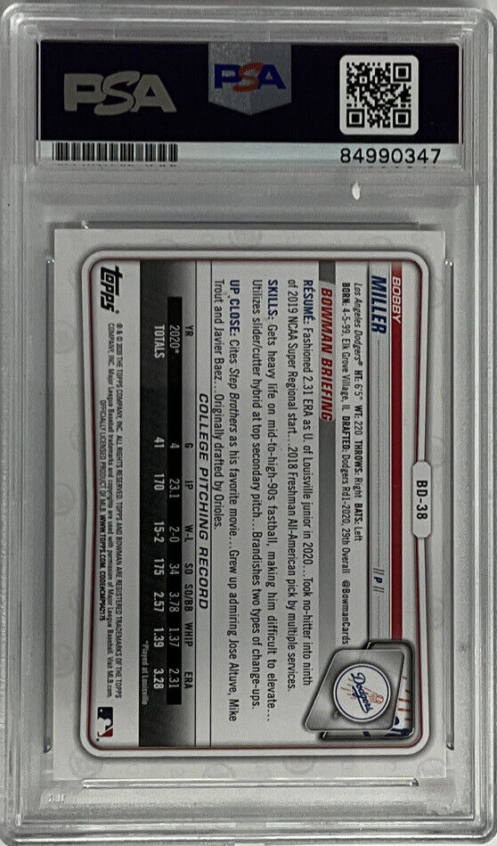 BOBBY MILLER DODGERS SIGNED 1ST BOWMAN "MLB DEBUT 5-23-23" PSA SLAB ITP 84990347