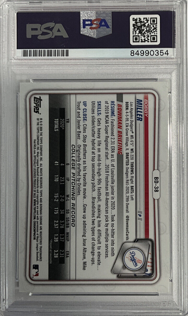 BOBBY MILLER DODGERS SIGNED 1ST BOWMAN CHROME PSA SLAB ROOKIEGRAPH ITP 84990354