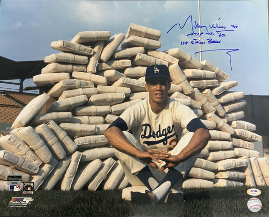 DODGERS MAURY WILLS SIGNED 16X20 PHOTO "104 STOLEN BASES & MVP NL 62" PSA COA
