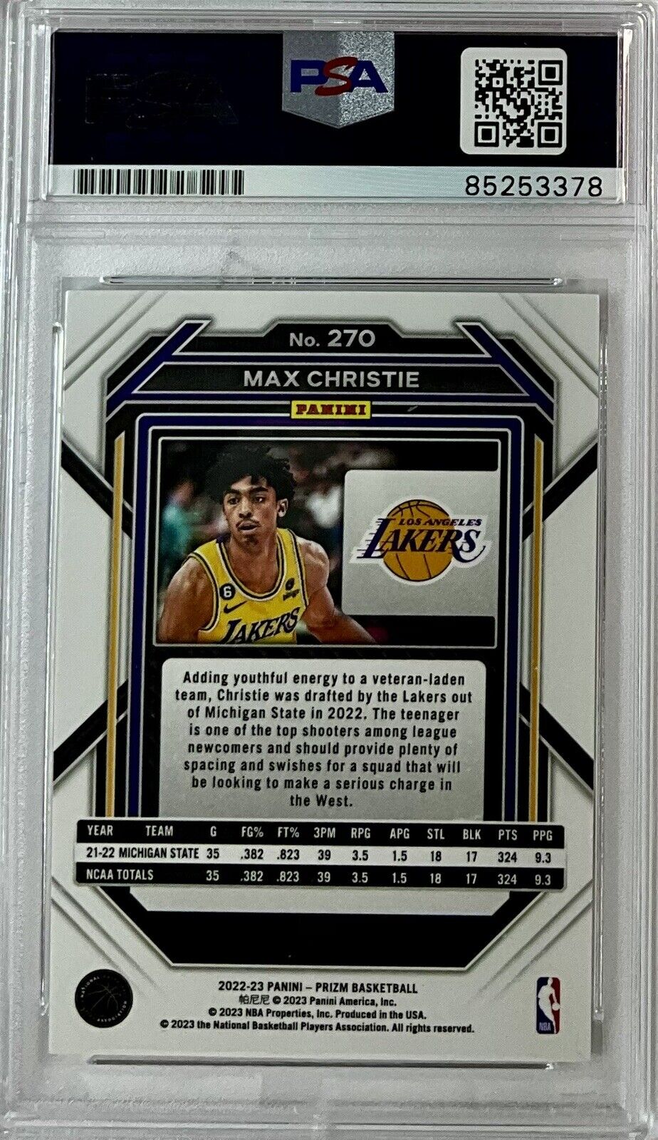 MAX CHRISTIE SIGNED LAKERS PANINI PRIZM #270 ROOKIE RC PSA SLABBED ITP 85253378