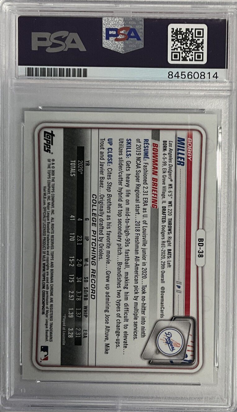 BOBBY MILLER DODGERS SIGNED 1ST BOWMAN GREEN 46/99 PSA 84560814 GEM MT 10 AUTO