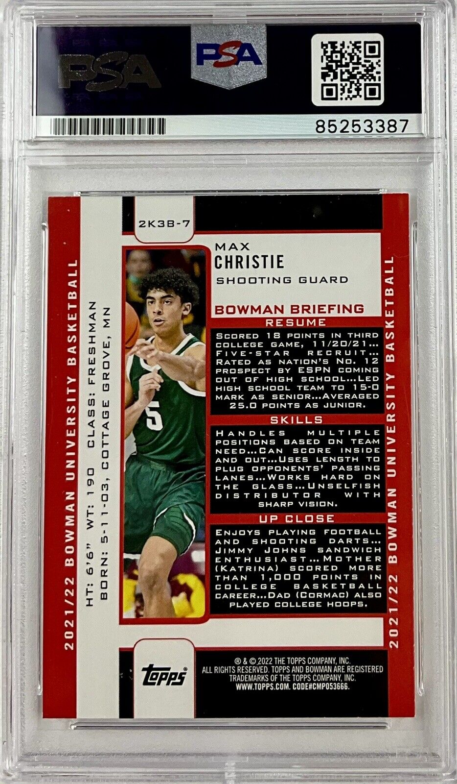 MAX CHRISTIE SIGNED MICHIGAN STATE 2021/22 BOWMAN UNIVERSITY 2K3B-7 PSA 85253387