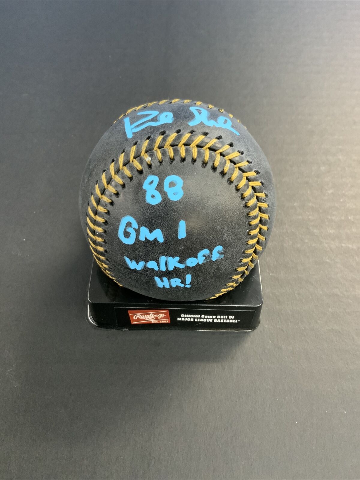 DODGERS KIRK GIBSON SIGNED BLACK BASEBALL "88 NL MVP, 88 GM 1 WALKOFF HR" PSA