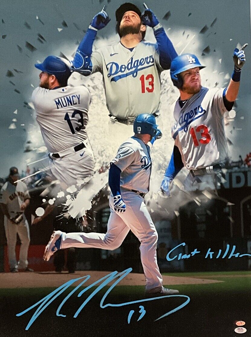 MAX MUNCY DODGERS SIGNED 22X31 CANVAS EDIT  VS GIANTS "GIANT KILLER" PSA 2C51267