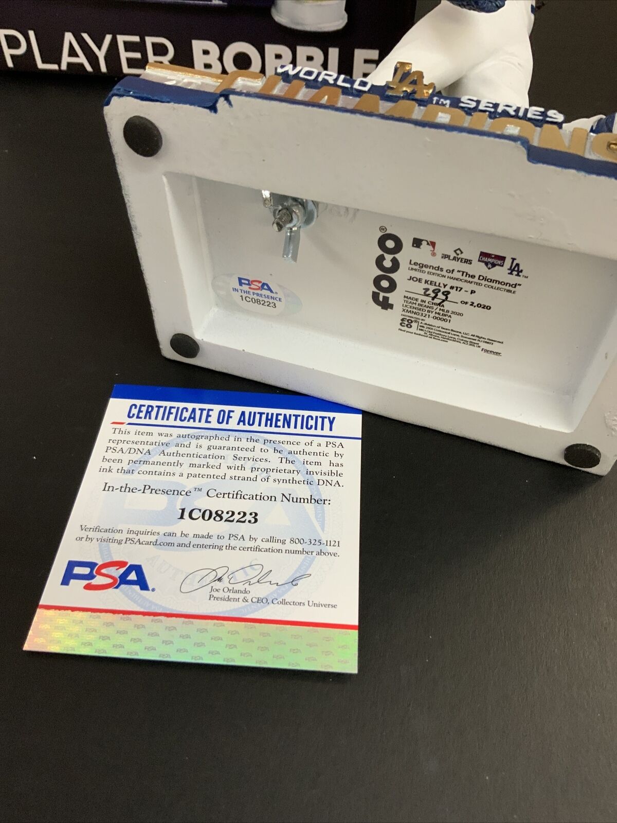 JOE KELLY DODGERS SIGNED POUTY FACE BOBBLEHEAD "NICE SWING BITCH" PSA 1C08223