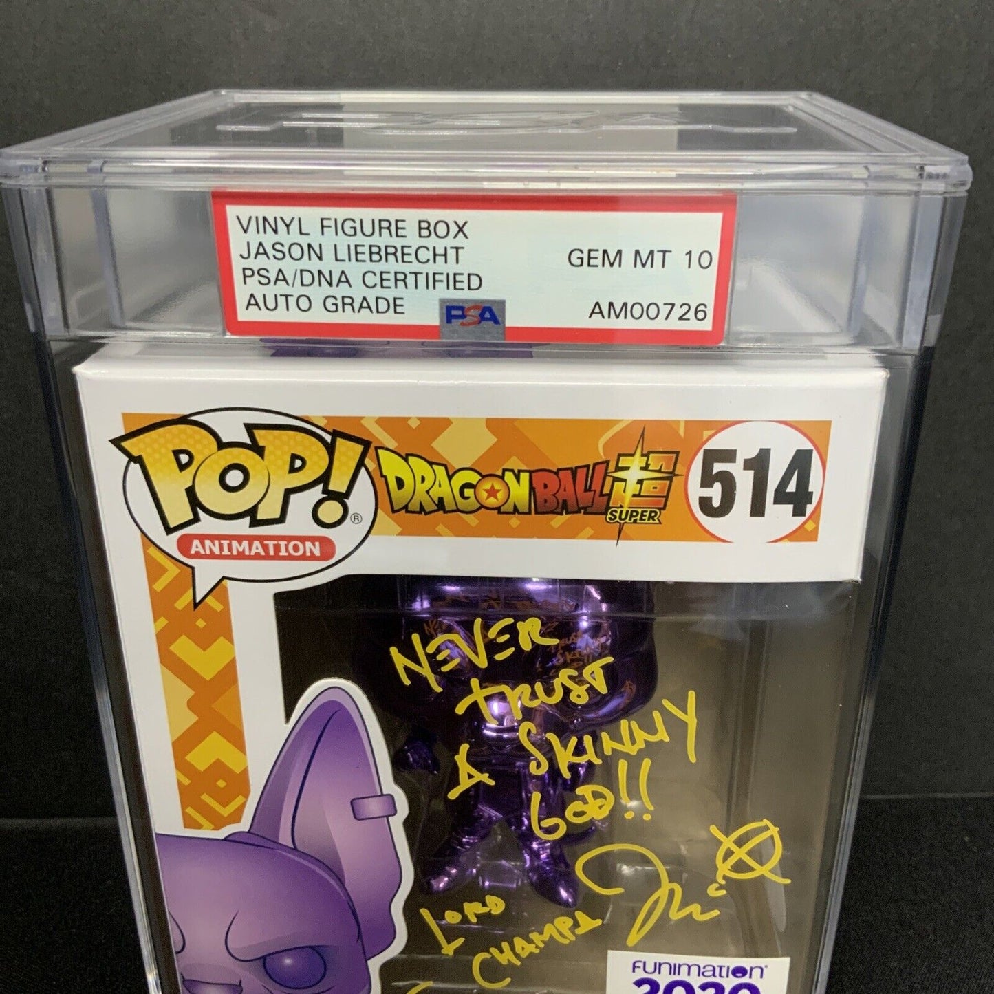 JASON LIEBRECHT SIGNED BEERUS FUNKO POP #514 PSA SLABBED AM00726 GEM MT 10 AUTO