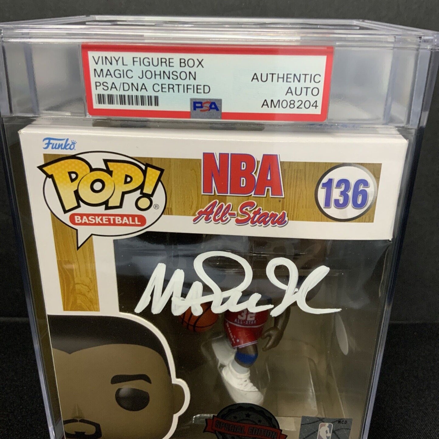 MAGIC JOHNSON SIGNED ALL STAR #136 FUNKO POP PSA AM08204 SLABBED/ ENCAPSULATED