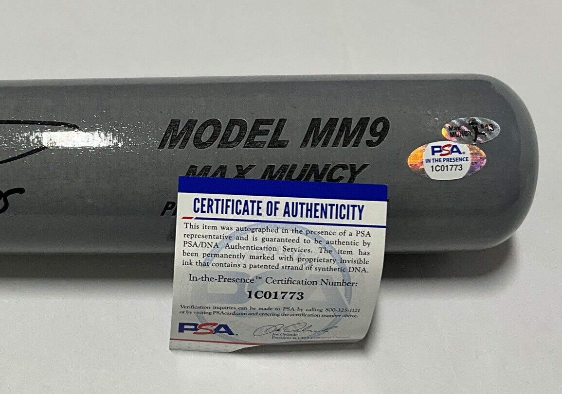 MAX MUNCY DODGERS SIGNED MAXBAT GAME MODEL BAT "2020 WS CHAMPS" INSC PSA 1C01773