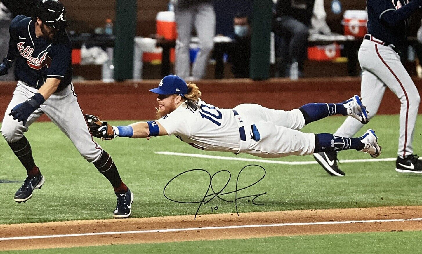 JUSTIN TURNER DODGERS SIGNED 22X33 2020 NLCS DIVING TAG CANVAS PSA 9A99842