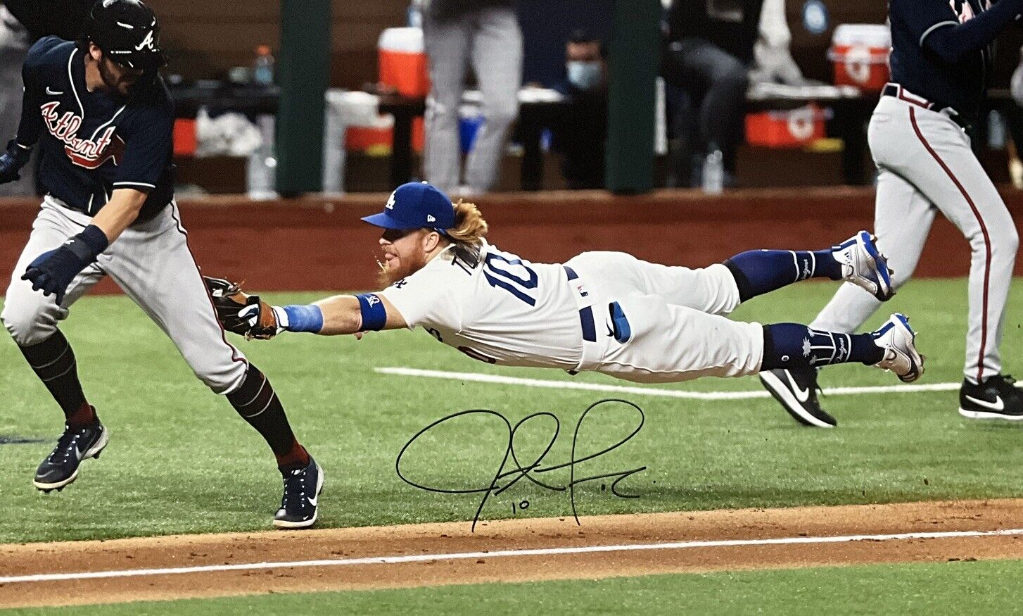 JUSTIN TURNER DODGERS SIGNED 22X33 2020 NLCS DIVING TAG CANVAS PSA 9A99842