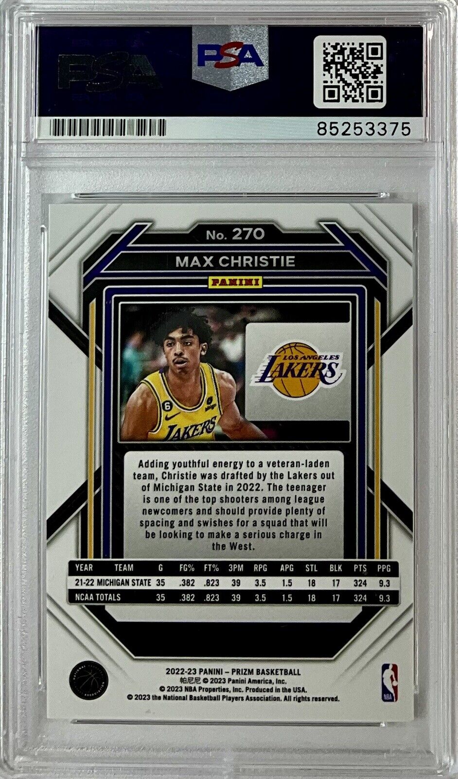 MAX CHRISTIE SIGNED LAKERS PANINI PRIZM #270 ROOKIE RC PSA SLABBED ITP 85253375