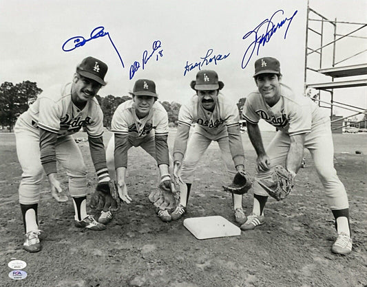 DODGERS 1981 INFIELD SIGNED 16X20 BLK/WHT PHOTO RUSSELL GARVEY CEY LOPES JSA