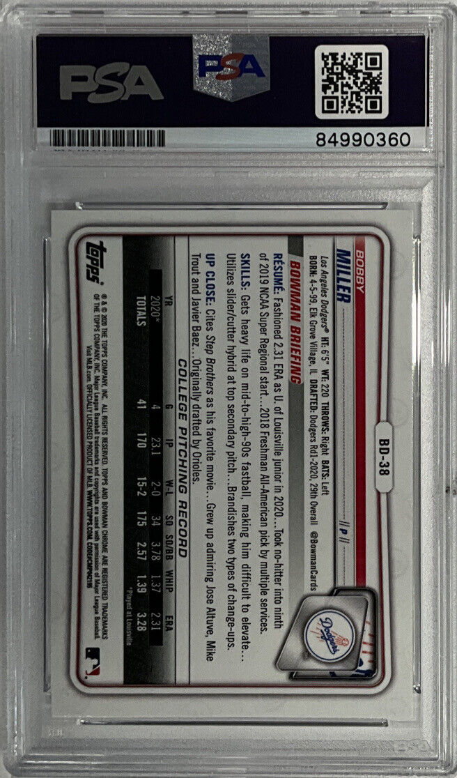 BOBBY MILLER DODGERS SIGNED 1ST BOWMAN CHROME PSA SLAB ROOKIEGRAPH ITP 84990360