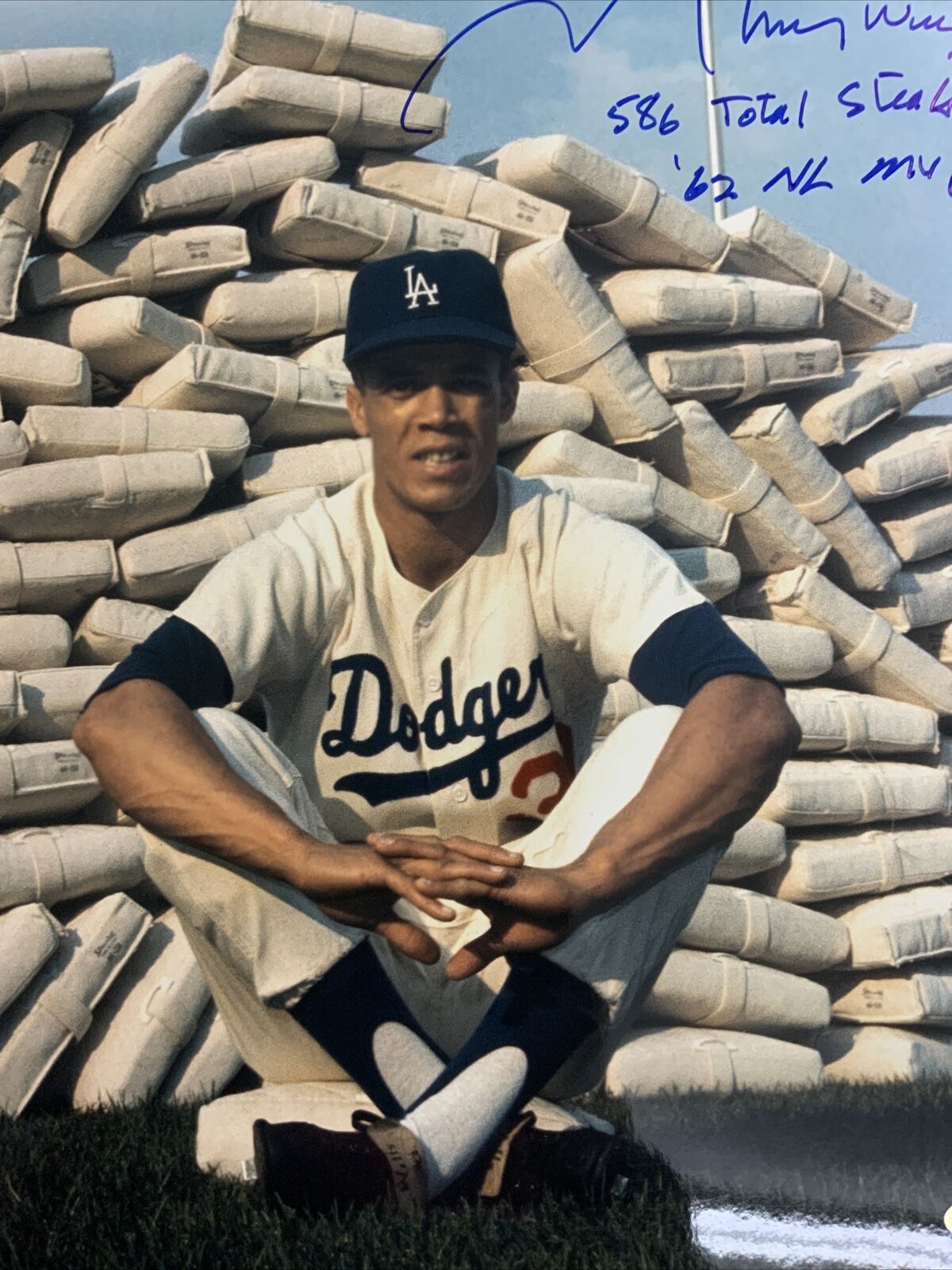 DODGERS MAURY WILLS SIGNED 16X20 PHOTO "586 TOTAL STEALS & MVP NL 62" PSA COA