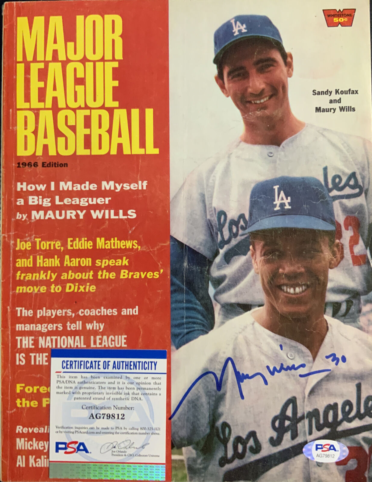 SANDY KOUFAX & MAURY WILLS 1966 MAJOR LEAGUE BASEBALL SIGNED BY MAURY WILLS PSA