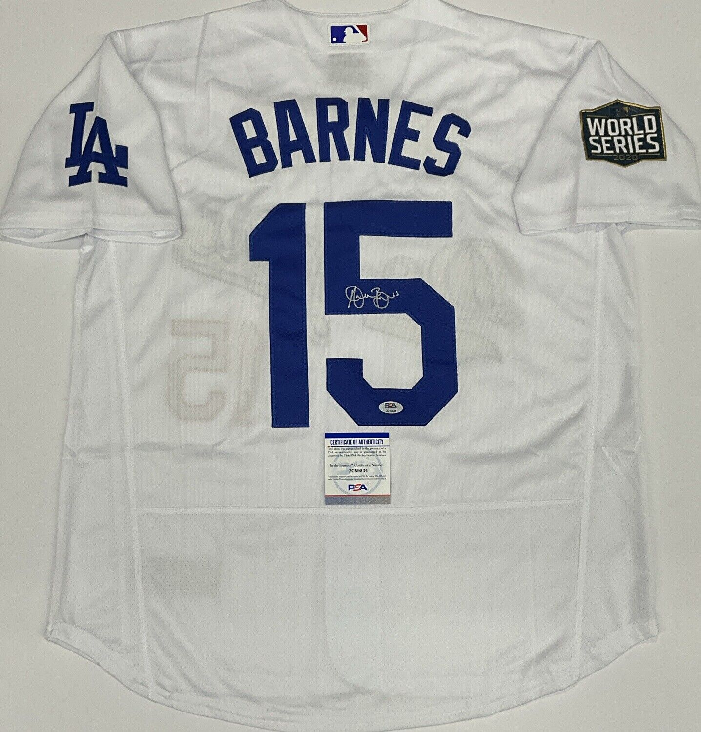 AUSTIN BARNES DODGERS SIGNED 2020 WORLD SERIES JERSEY PSA 2C59534
