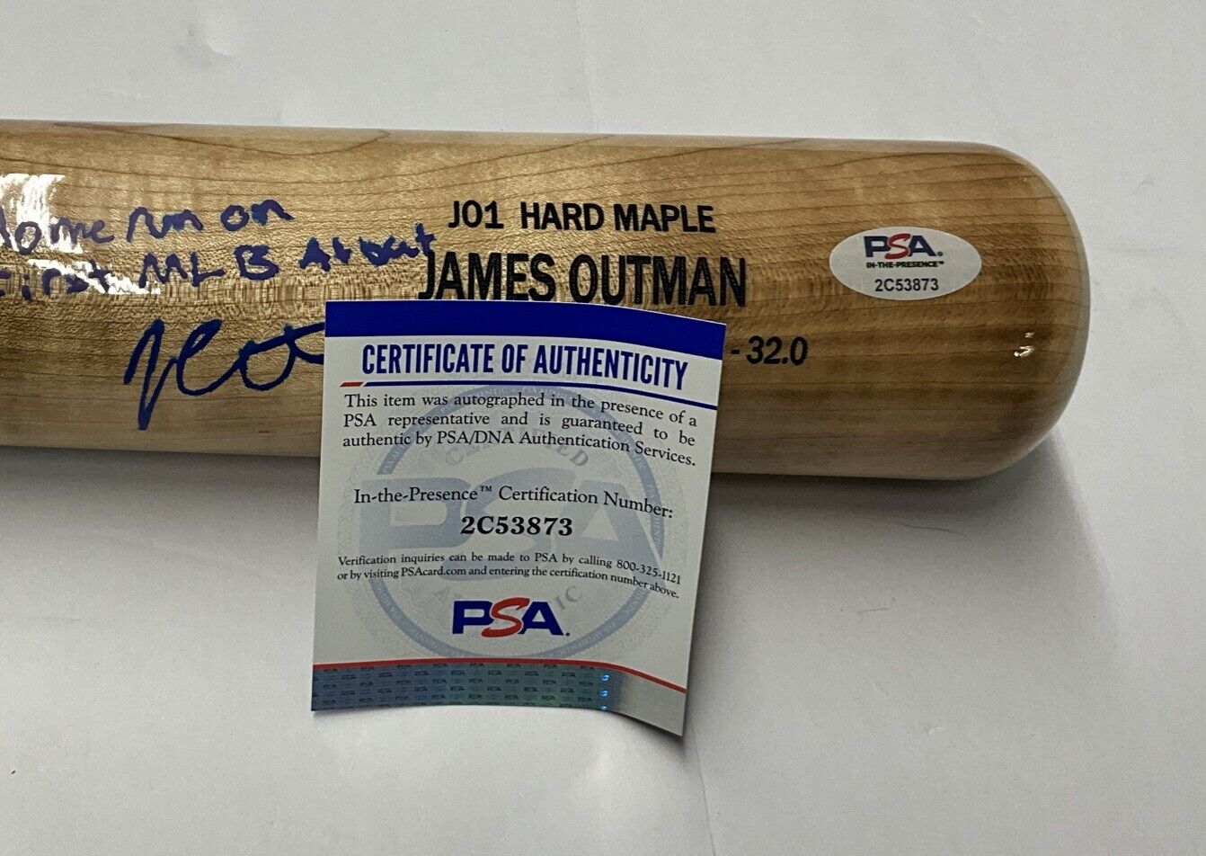 JAMES OUTMAN DODGERS SIGNED MARK LUMBER BAT "HOMERUN ON FIRST MLB AB PSA 2C53873