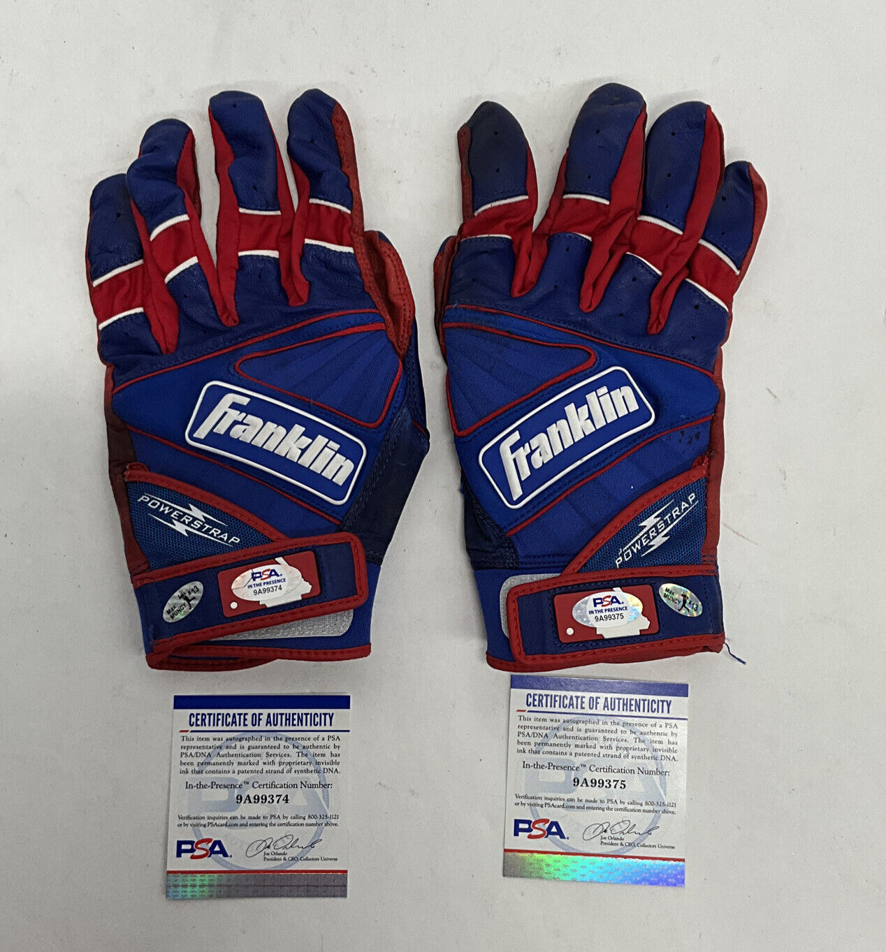 MAX MUNCY DODGERS 2020 WS CHAMP SIGNED GAME USED BATTING GLOVES PSA 9A99374/75