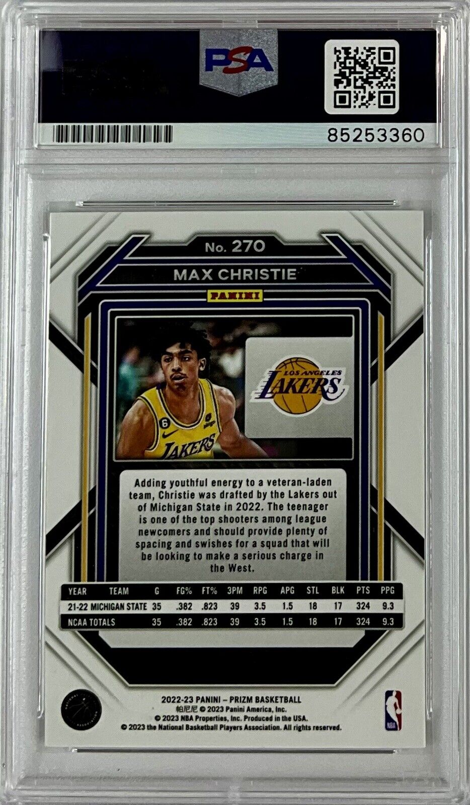 MAX CHRISTIE SIGNED LAKERS PANINI PRIZM #270 ROOKIE RC PSA SLABBED ITP 85253360