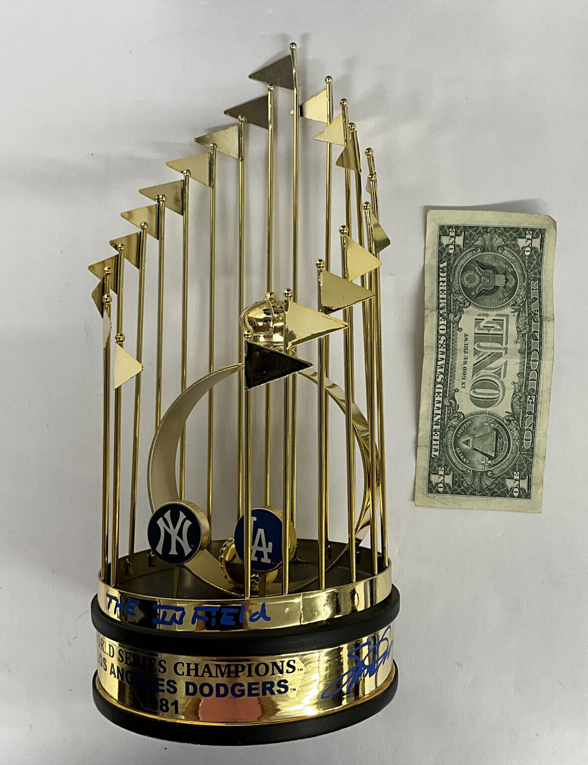 CEY GARVEY LOPES RUSSE SIGNED DODGERS 12" 1981 TROPHY " THE INFIELD" PSA 9A25140