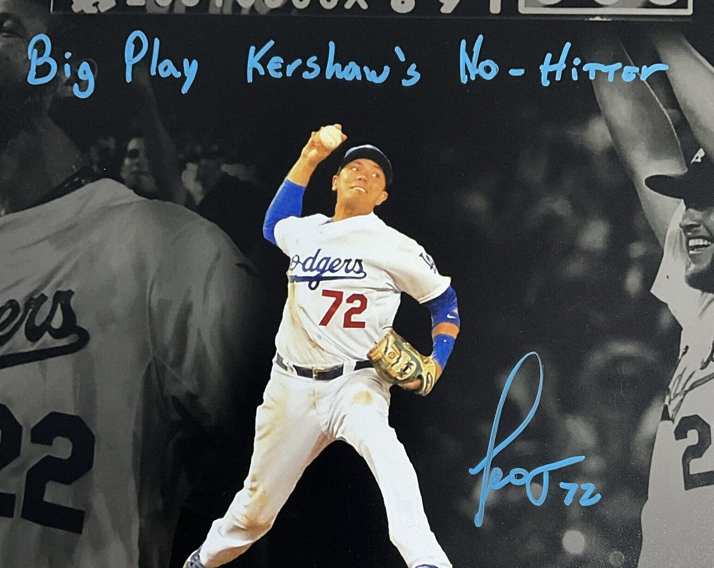 MIGUEL ROJAS DODGERS SIGNED 11X14 PHOTO EDIT "BIG PLAY KERSHAW'S NO-HITTER" PSA