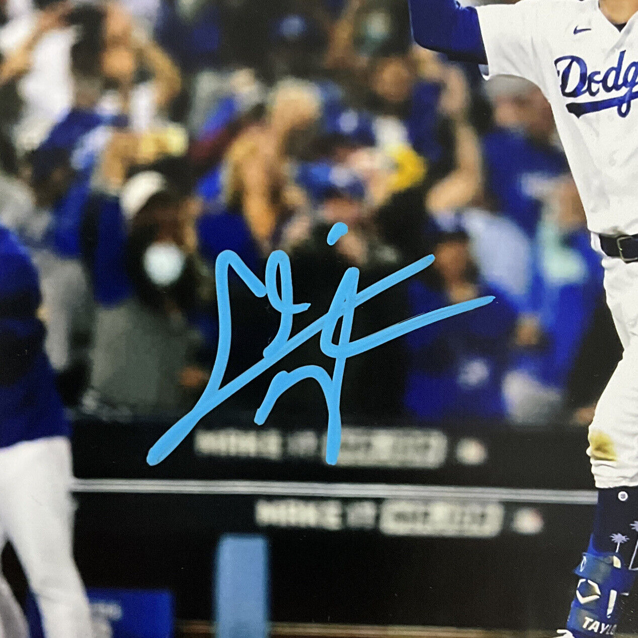 CHRIS TAYLOR DODGERS SIGNED 8X10 2021 WILDCARD WALKOFF HR CELEB PHOTO BLUE PSA
